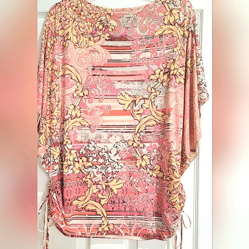 Pink Gold Orange  Bohemian Print Scarf Blouse Large with  Flared Slee